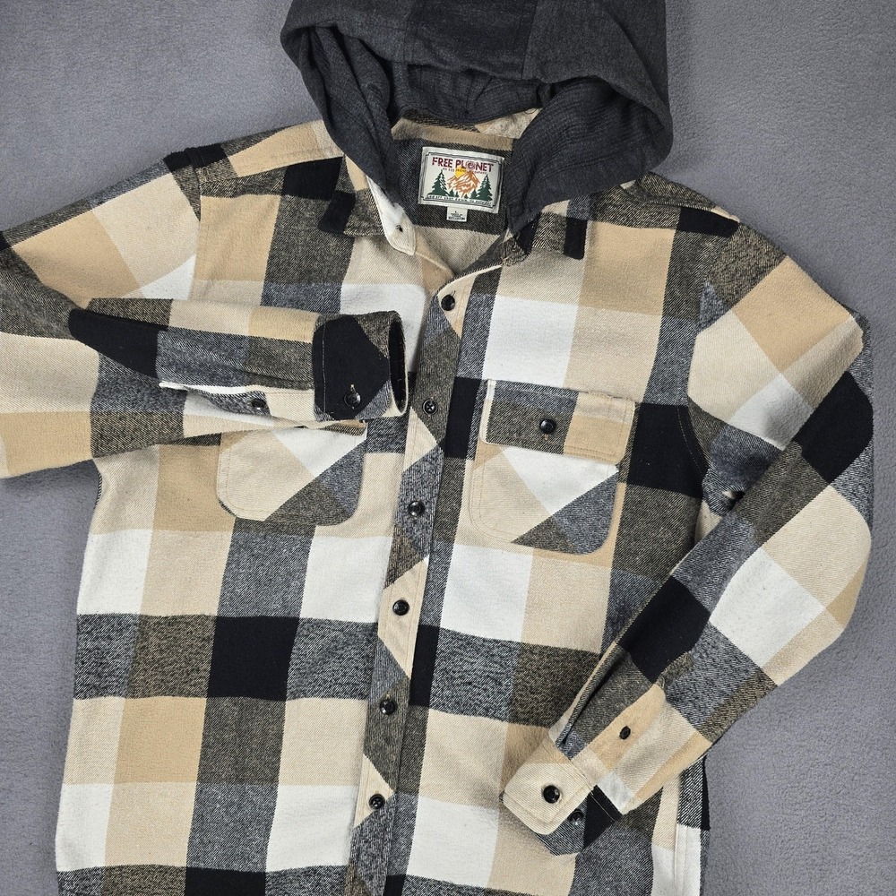 Free Planet Shirt Jacket Mens Large Tan Black Plaid Flannel Button Front Hooded